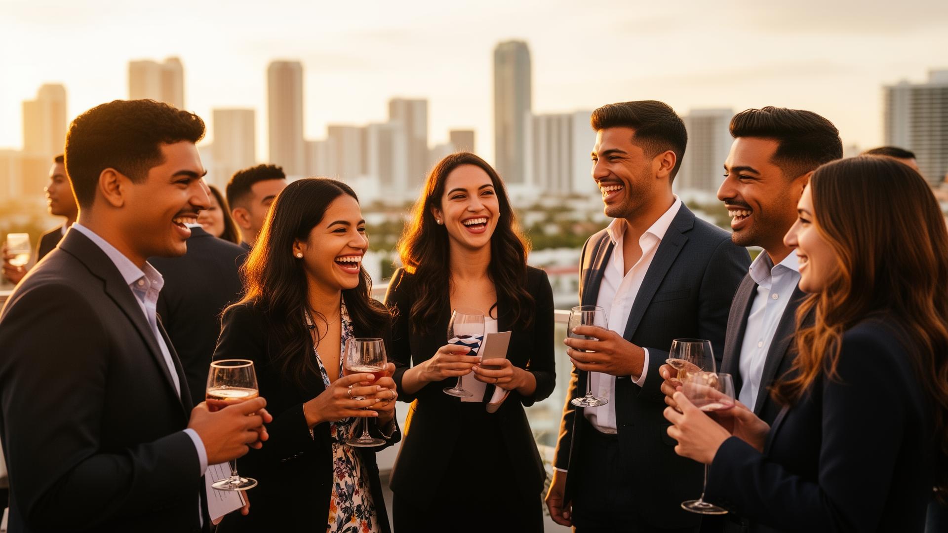 Young Cuban-American professionals networking at a FACE rooftop event